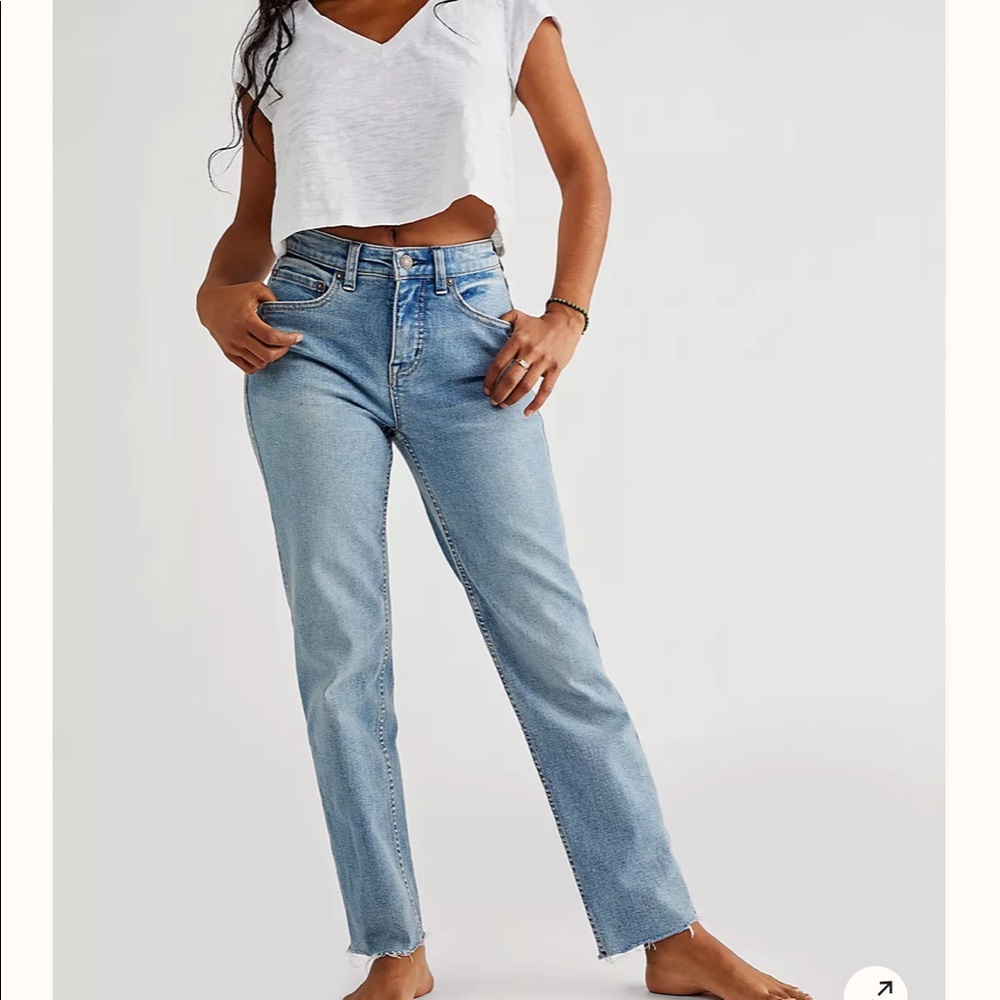 Free people high-rise, straight-leg jeans.